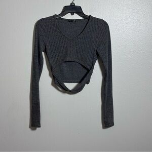 Fashion Nova Women Gray Ribbed Long Sleeve V-Neck Top Twisted Cutout size Small